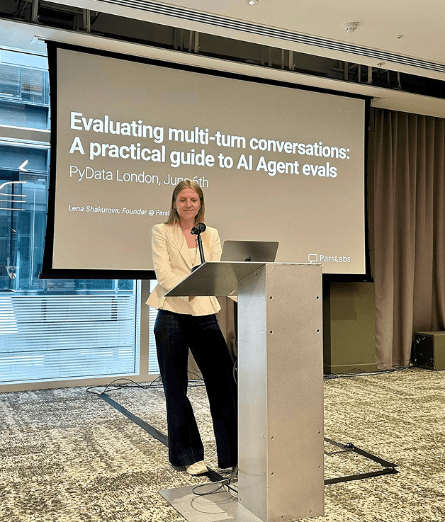 Lena speaking at PyData London about evaluating multi-turn conversations