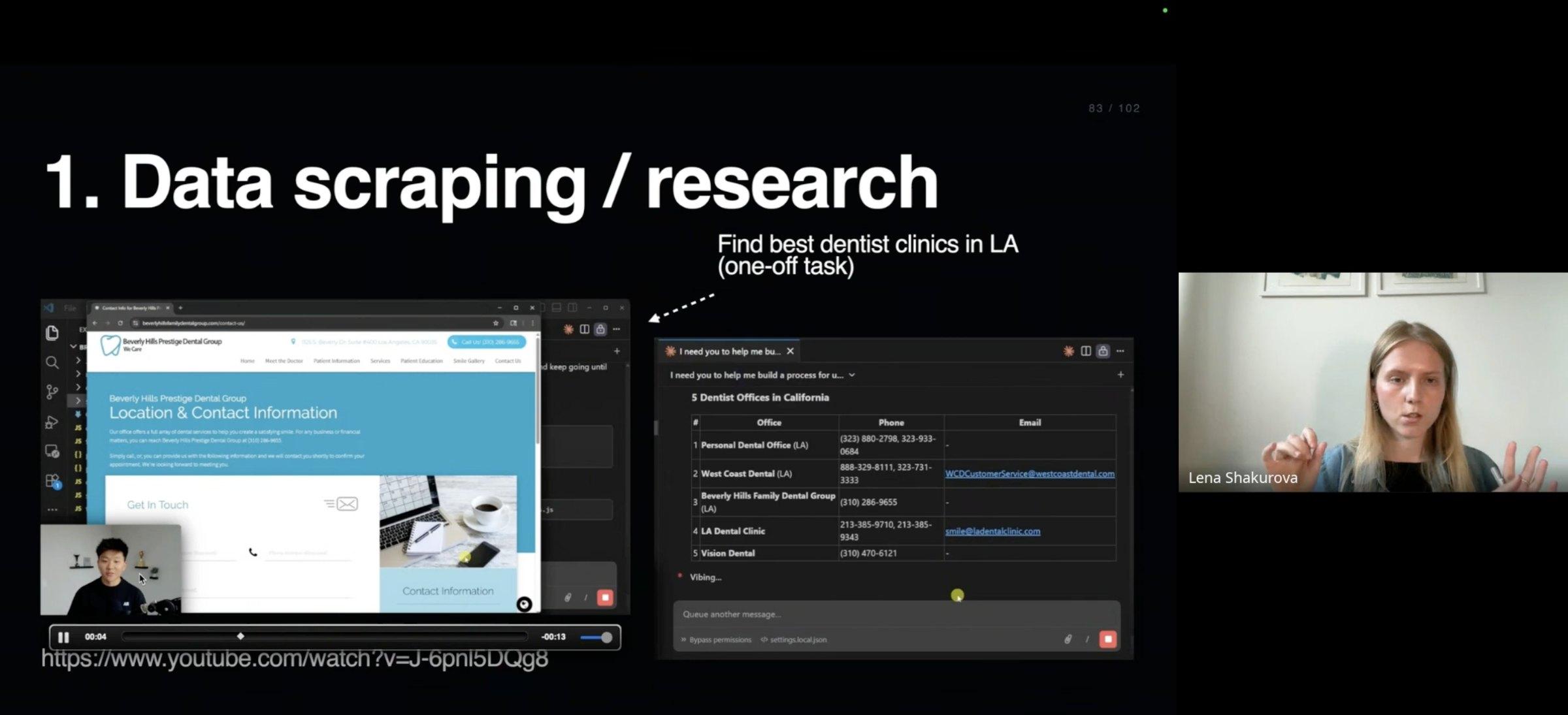 Lena walking through a data scraping and research use case during a live online session, with an AI agent collecting business contact data on screen